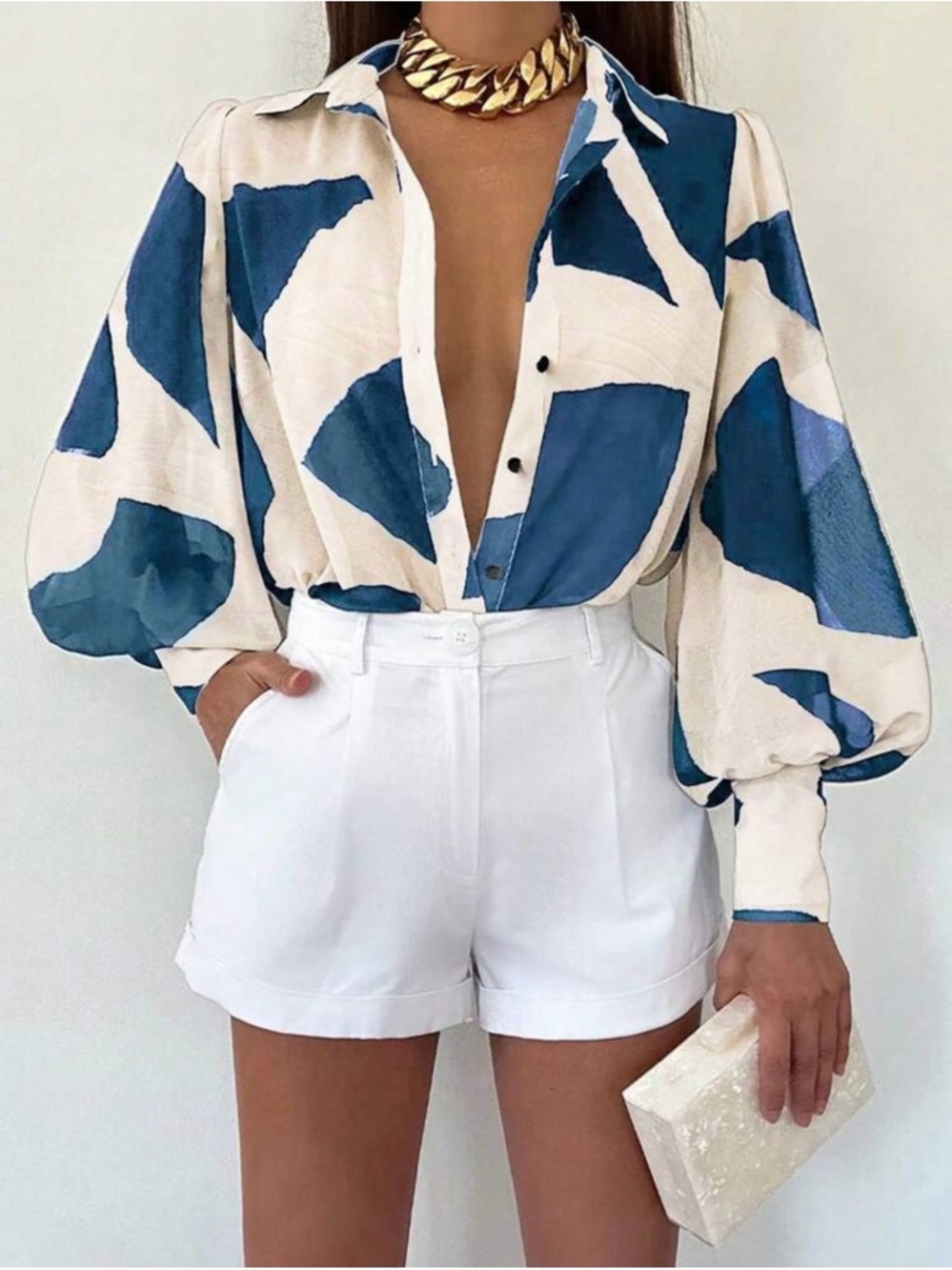 SHEIN Blue and White Abstract Balloon Sleeve Button-Up Blouse